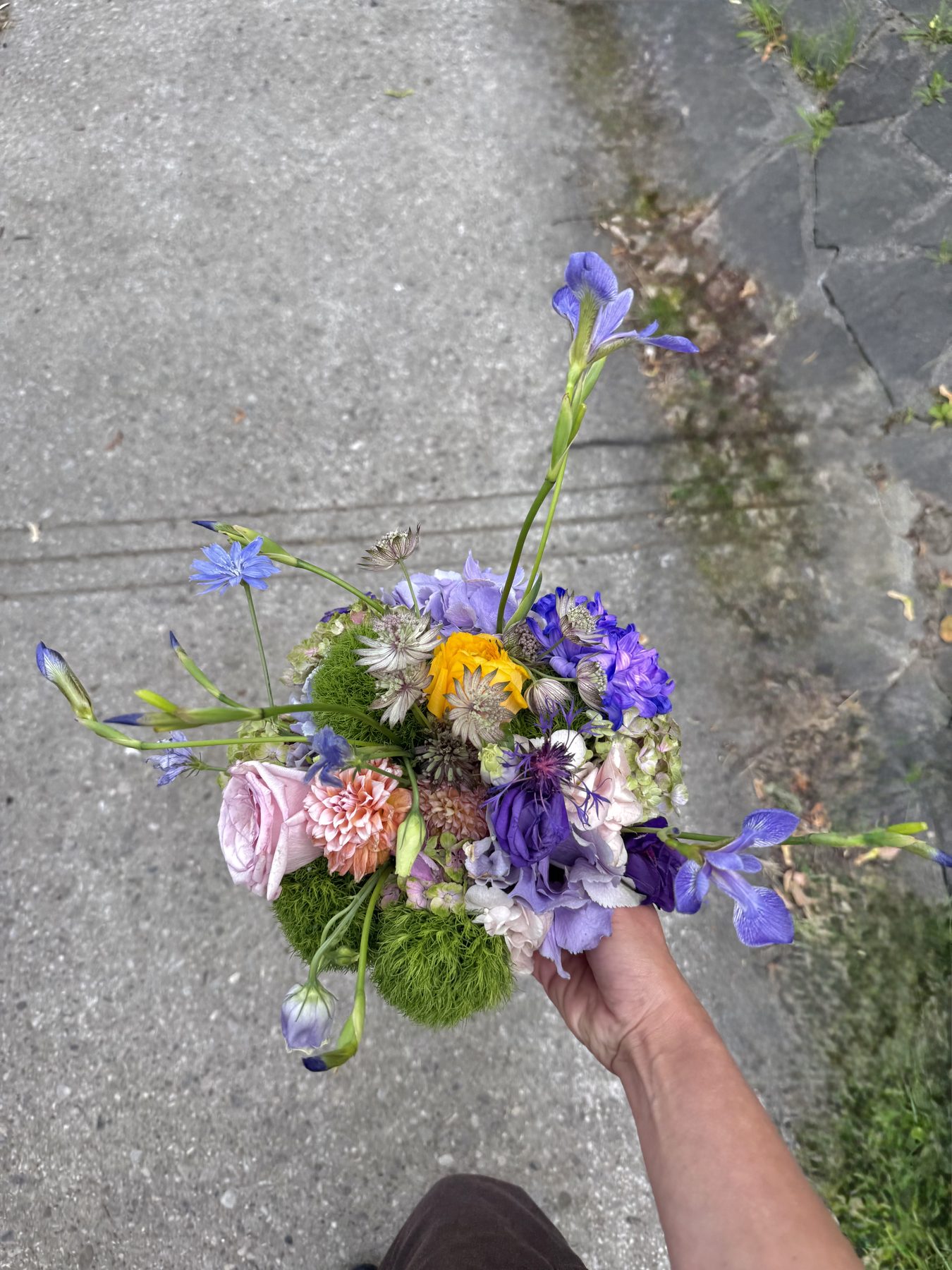 Purple, blue and yellow wildflower bouquet with iris and ranunculus