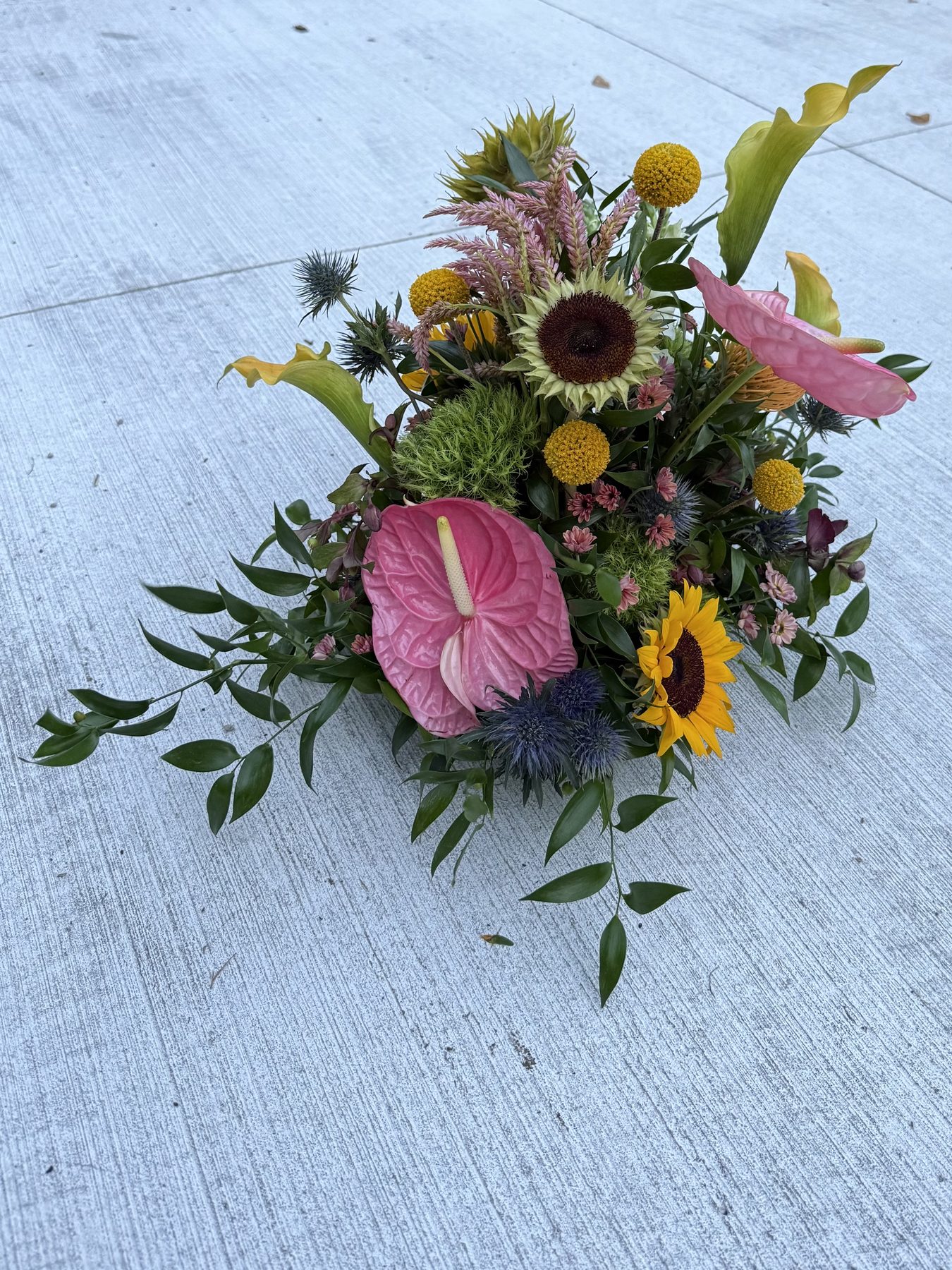 Sunflower and anthurium arrangement with craspedia and celosia
